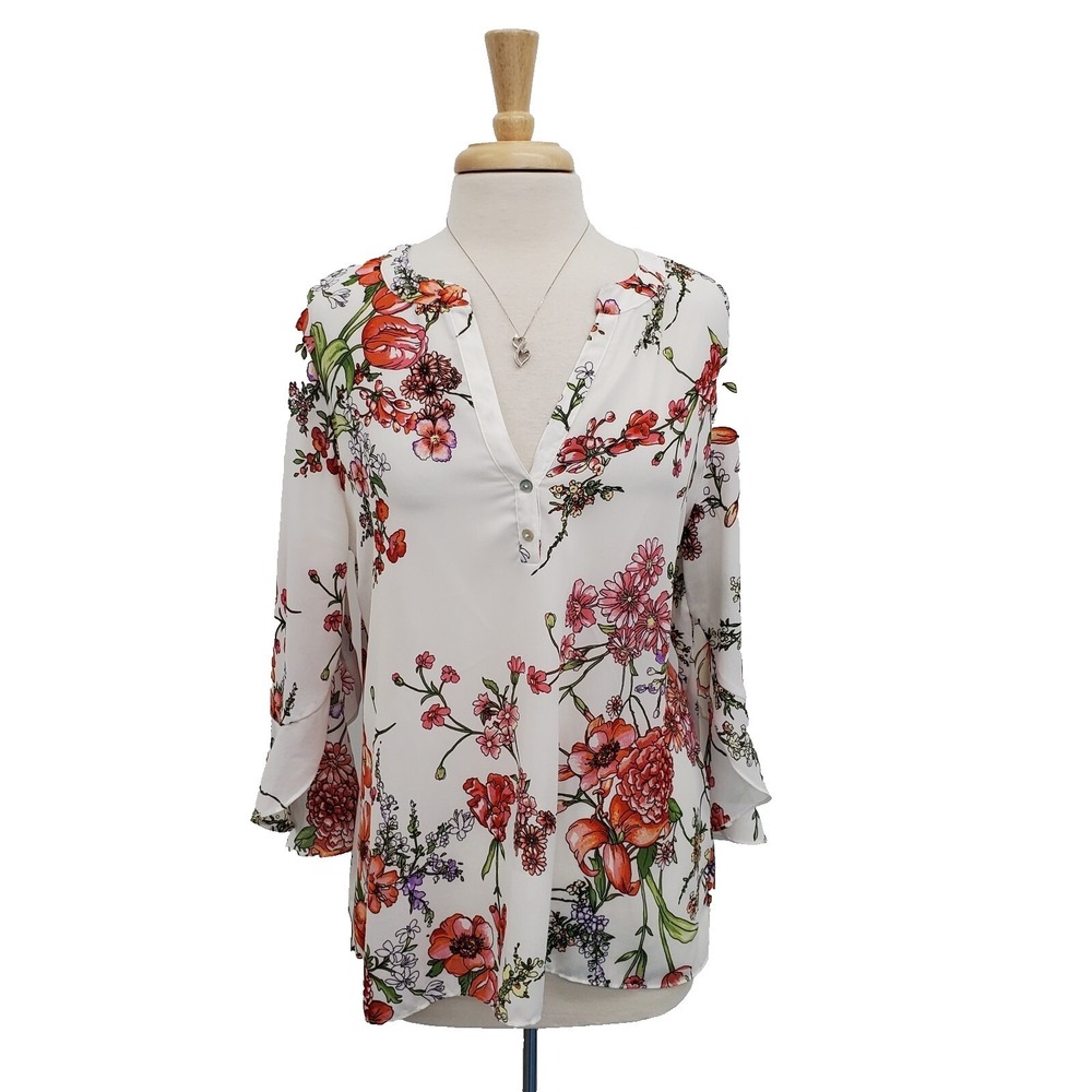 Chenault XL Floral Ruffle Sleeve Blouse White Multicolor Spring Top Lightweight